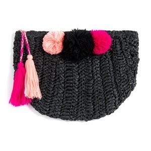 Shiraleah RIO Woven Clutch Straw Pompoms & Tassels-Black